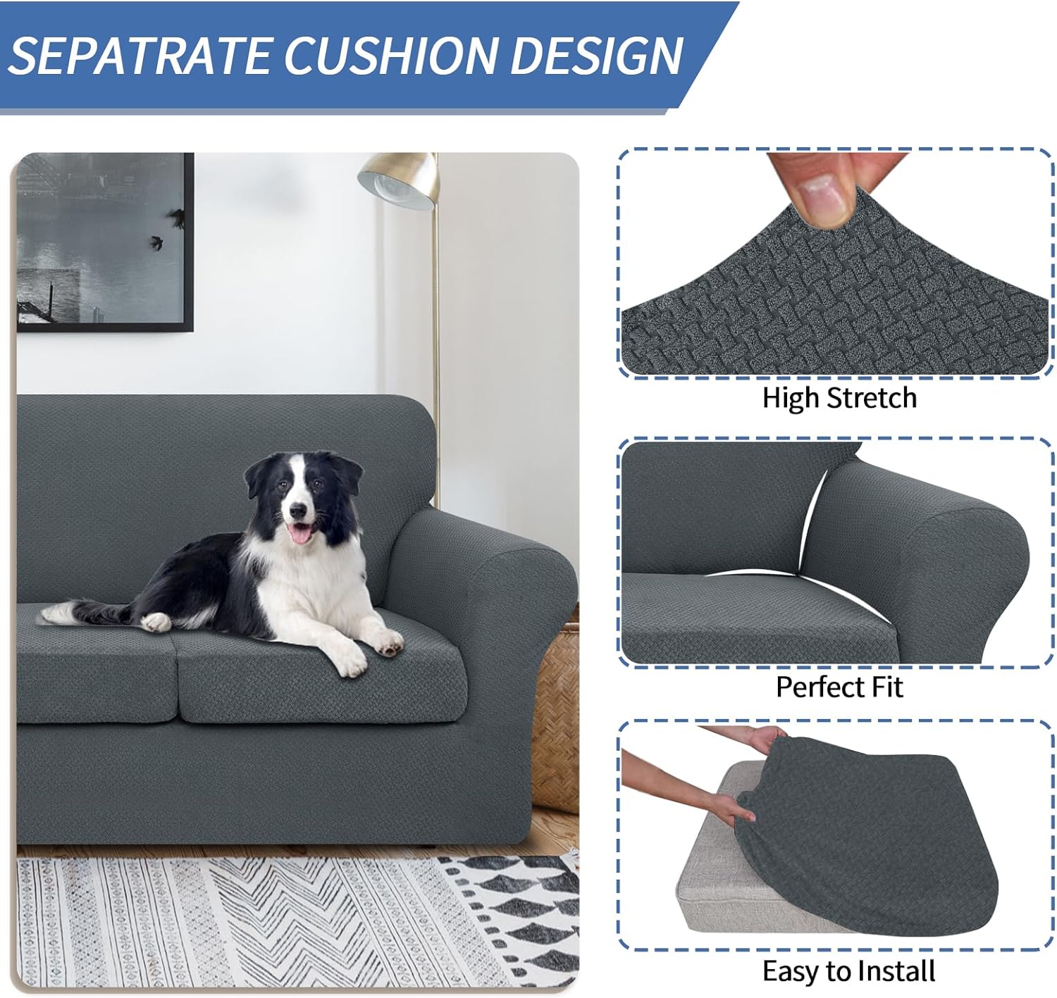 3 Pieces Stretch Couch Covers for 2 Cushion Couch Fitted Thick Loveseat Sofa Slipcover with 2 Seat Cushion Covers for Pet Dogs - Image 5