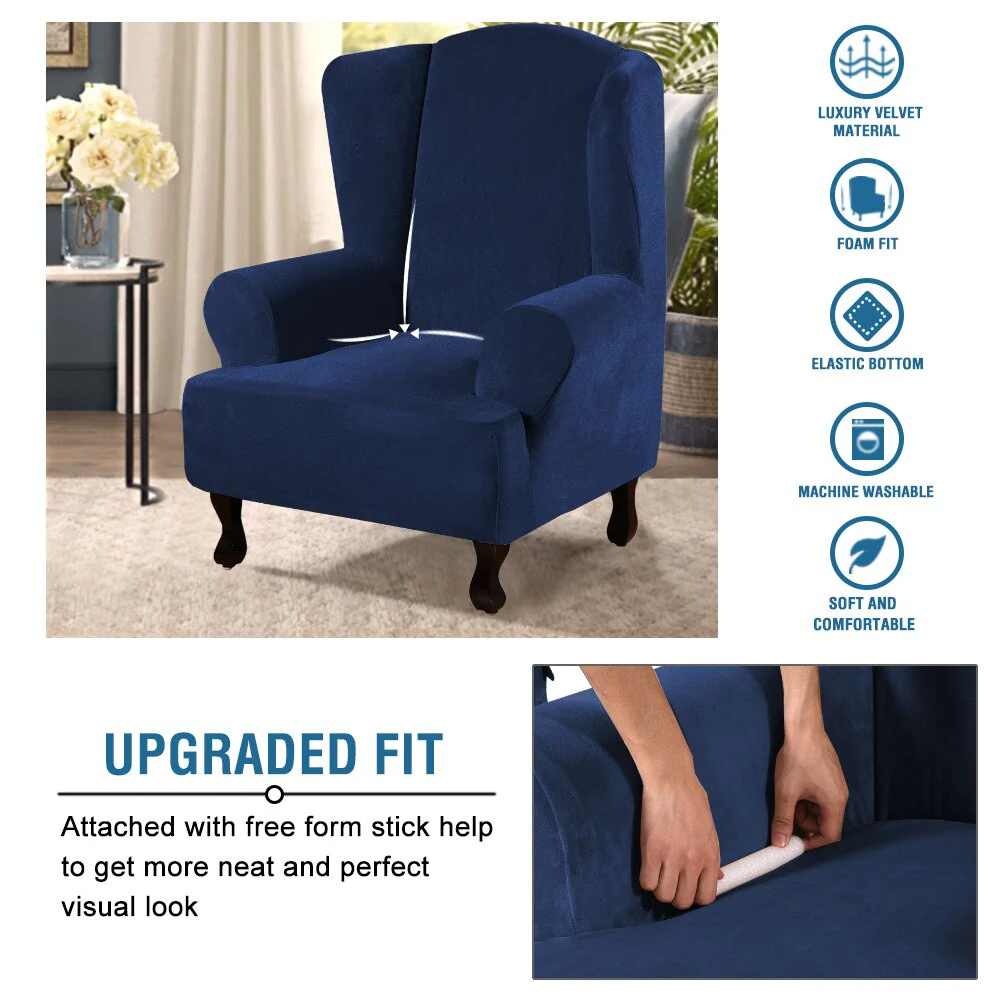 High Grade Velvet Fabric Sofa Wing Chair Cover Stretch Single Chair Cover Wing Back Armchair Protector Cover Furniture Stretch Thick Cover - Image 4