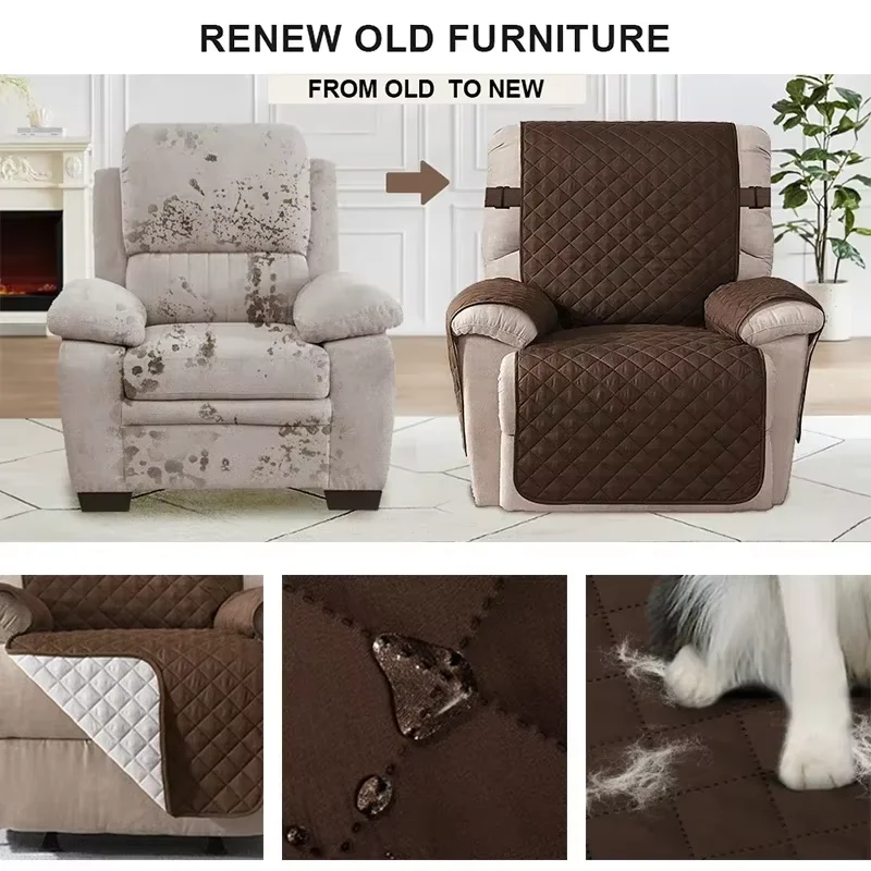 Recliner Chair Cover Solid Color Non-slip Pet Cat Seat Slipcover with Adjustable Strap Armchair Cover for Living Room - Image 5