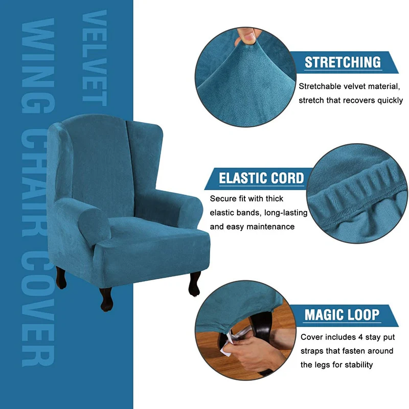 Velvet Elastic Wing Armchair Slipcover Velvet Plush Wing Back Chair Sofa Cover Plush Stretch Washable Removeble Furniture Protector - Image 4