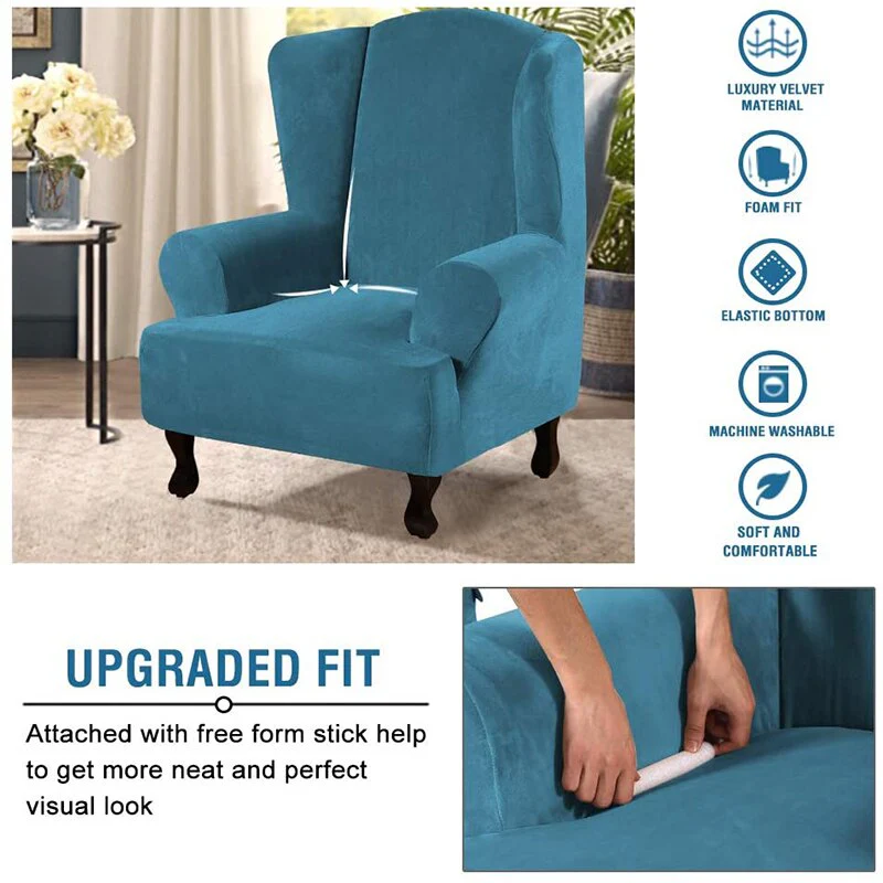 Velvet Elastic Wing Armchair Slipcover Velvet Plush Wing Back Chair Sofa Cover Plush Stretch Washable Removeble Furniture Protector - Image 5